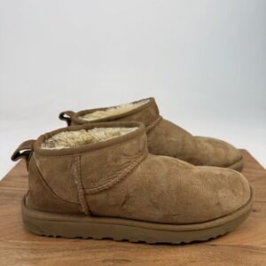 Womens Ugg Classic Ultra Mini Tan Shearling Lined Comfort Boots Size 8 M GUC
